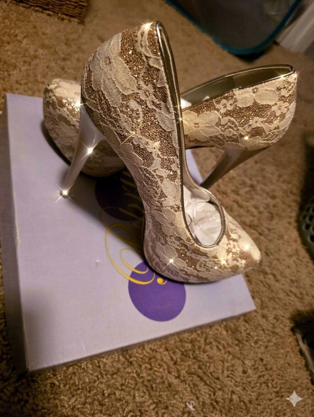 Paprika Cream Lace Platform Pumps with Gold Accents